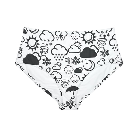 High-Waist Black and White Weather Icon Bikini Bottom (AOP)
