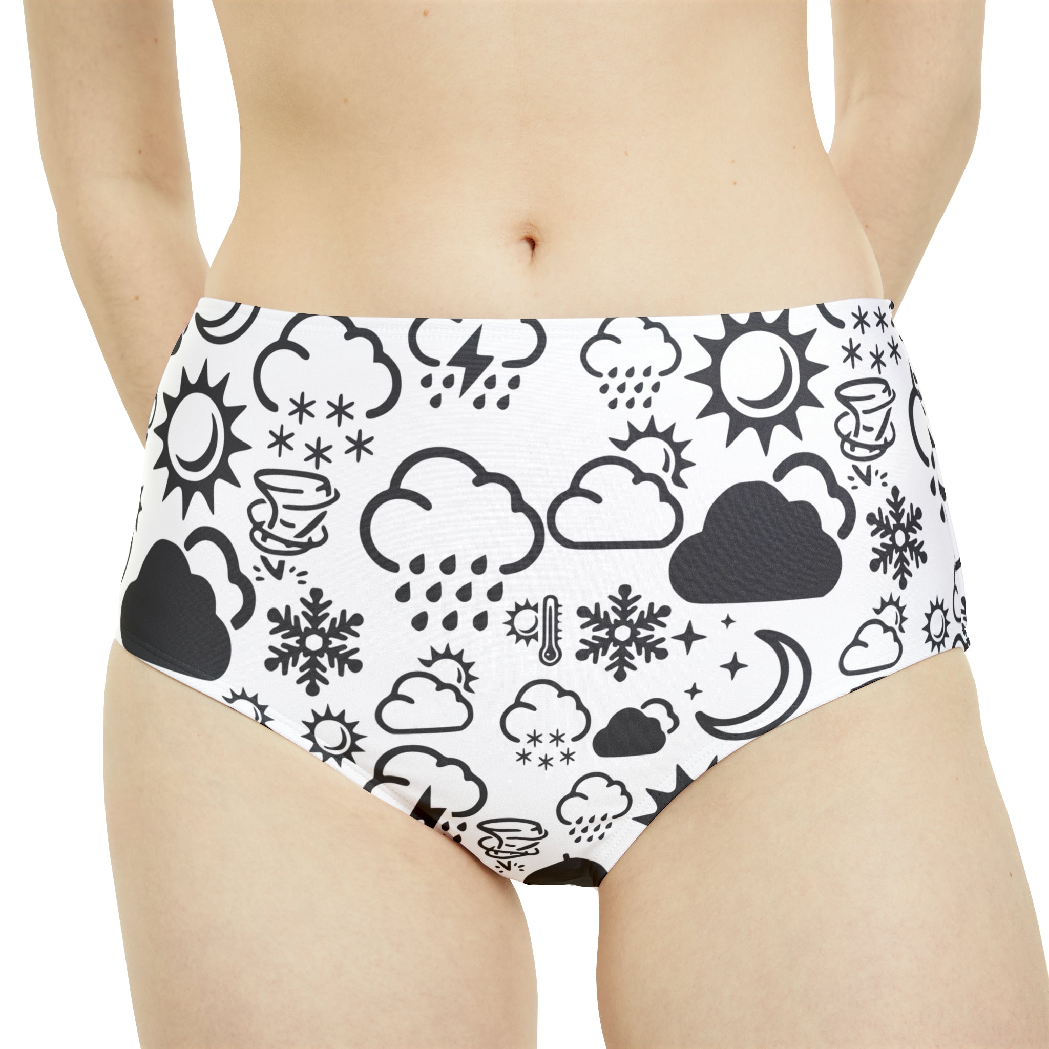 High-Waist Black and White Weather Icon Bikini Bottom (AOP) 