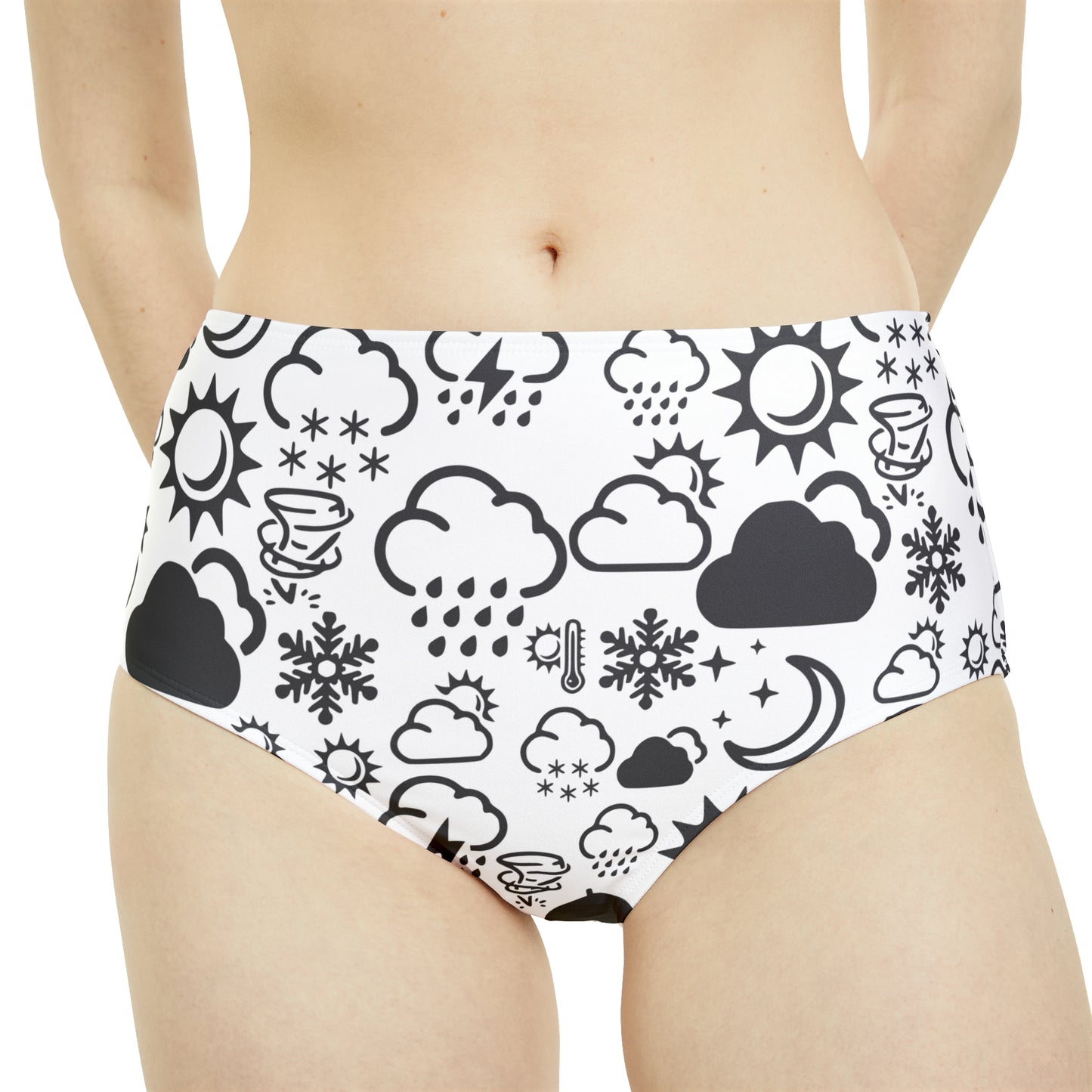 High-Waist Black and White Weather Icon Bikini Bottom (AOP)