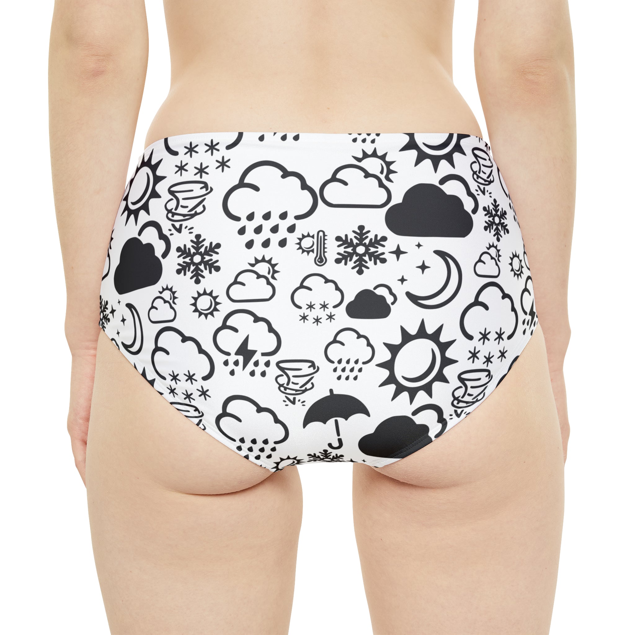 High-Waist Black and White Weather Icon Bikini Bottom (AOP) 
